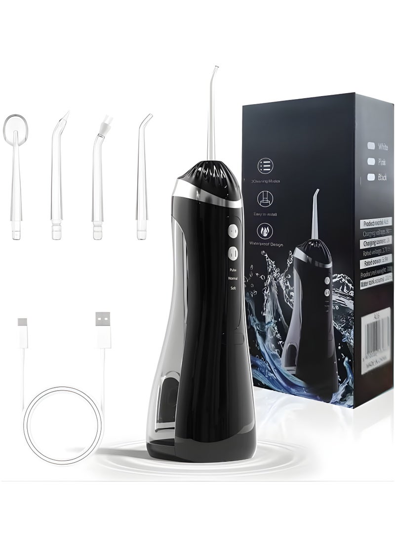 جهاز تنظيف الأسنان بالماء، لاسلكي محمول، احترافي، قابل لإعادة الشحن، مقاوم للماء بمعيار IPX7، 3 أوضاع، سعة كبيرة 200 مل للاستخدام المنزلي والسفر، أسود - Image 1